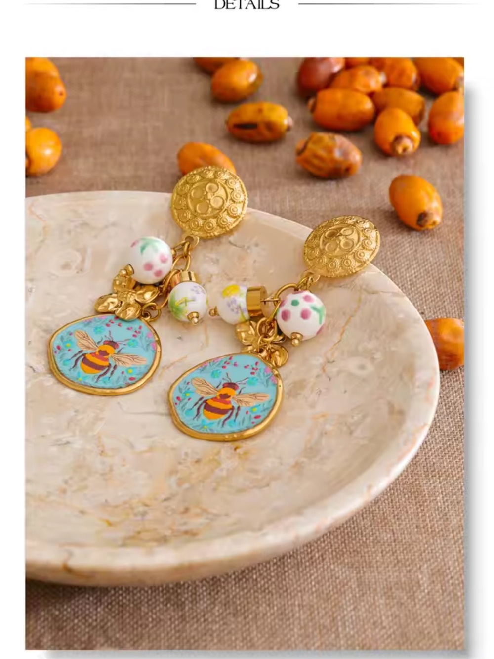 Whimsical Bee Blue Floral Charm Earrings - Picture 11 of 13